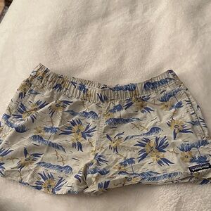 Patagonia Women's Floral Athletic Shorts - Blue and Tan
